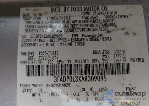 2010 Ford Fusion Hybrid from USA, damaged, VIN 3FADP0L3XAR309095